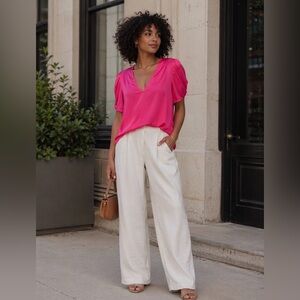 DKNY Bright Pink V-Neck Puff Sleeve Blouse